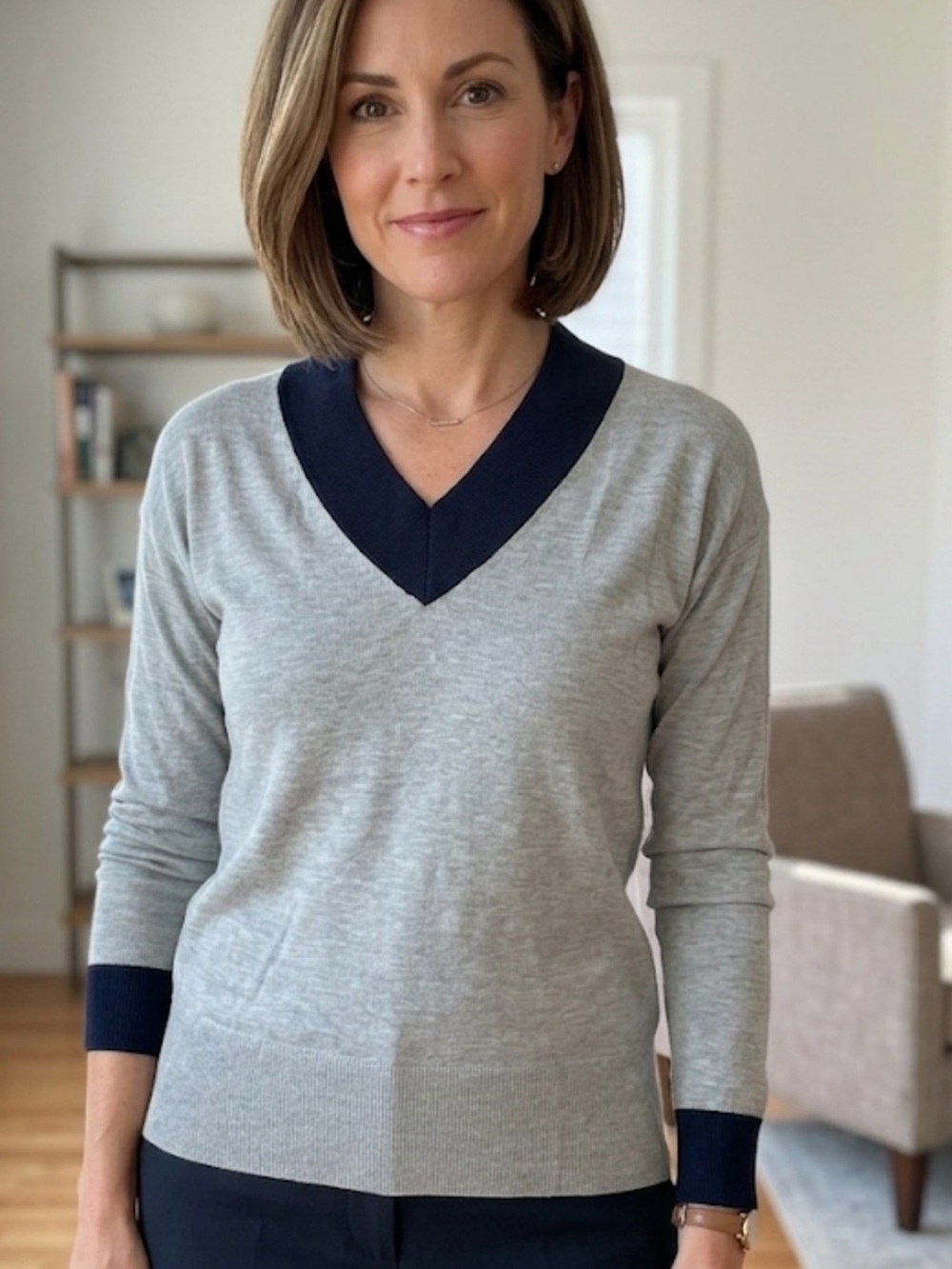 Chelsea 28 V Neck Contrast Trim Sweater Gray/Navy fall small cashmere casual